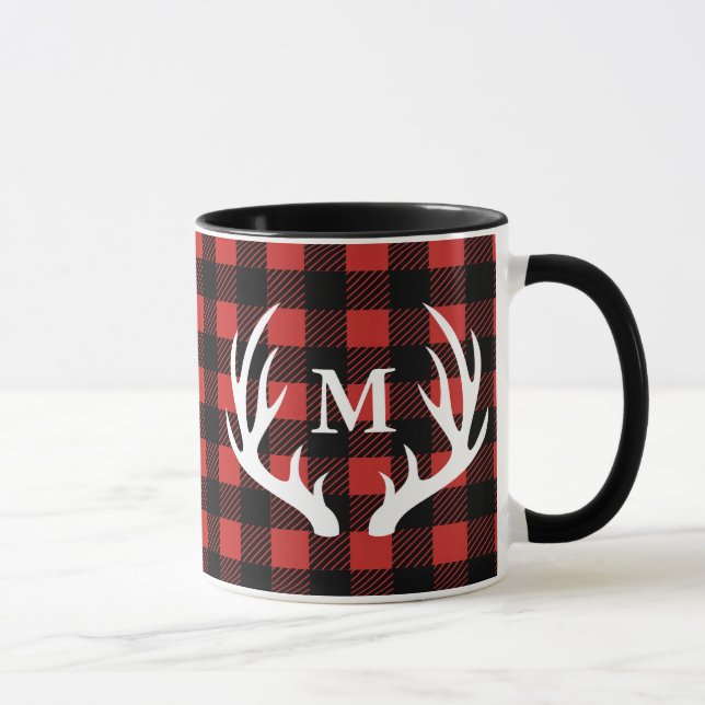 Rustic White Deer Antlers Buffalo Check Plaid Mug (Right)