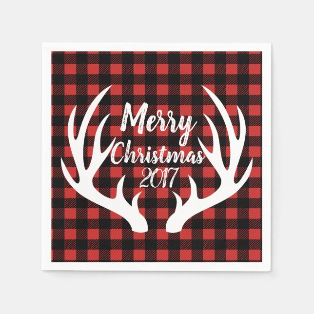Rustic White Deer Antlers Buffalo Check Plaid Napkin (Front)