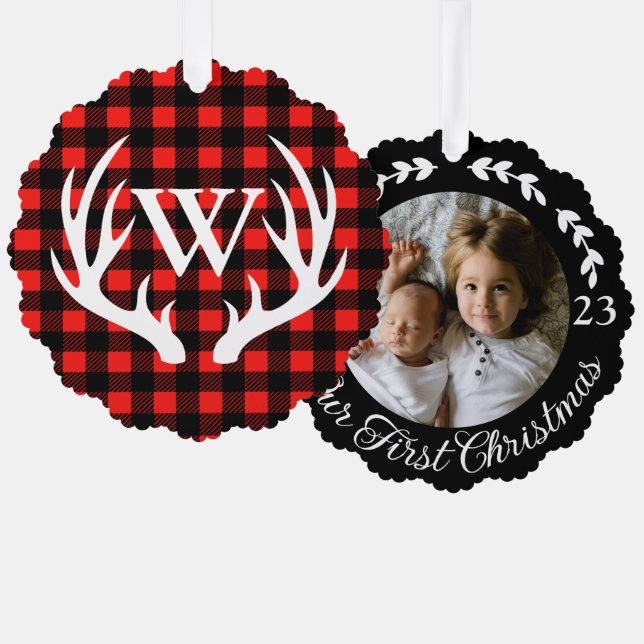 Rustic White Deer Antlers & Buffalo Plaid Photo Ornament Card (Front/Back)