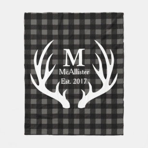 Rustic White Deer Antlers Check Plaid Family Name Fleece Blanket