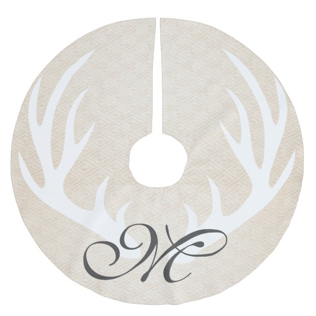 Rustic White Deer Antlers & Cream Monogram Brushed Polyester Tree Skirt (Front)