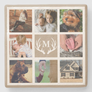 Rustic White Deer Antlers Family Photos Monogram Stone Coaster