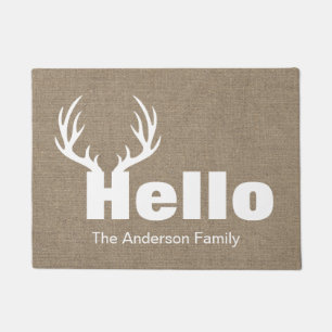 Rustic White Deer Antlers Hello Faux Burlap Doormat