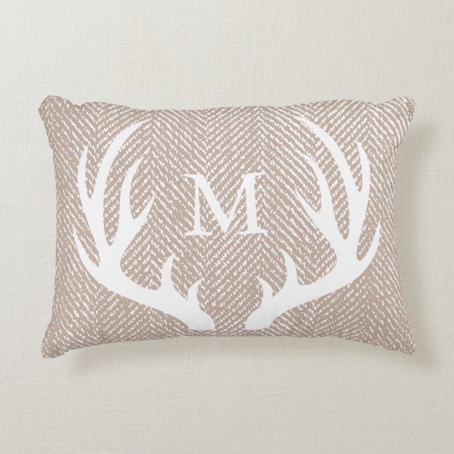Rustic White Deer Antlers & Taupe Herringbone Accent Pillow (Front)