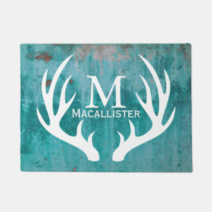 Rustic White Deer Buck Antlers & Teal Rusted Metal Doormat