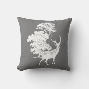 Rustic White Deer Silhouette on Grey Throw Pillow