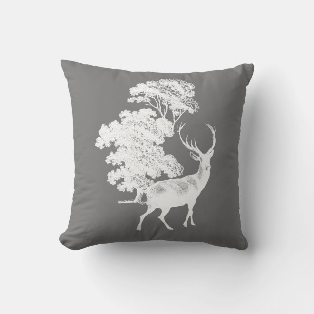 Rustic White Deer Silhouette on Grey Throw Pillow (Front)