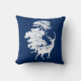 Rustic White Deer Silhouette on Navy Blue Throw Pillow