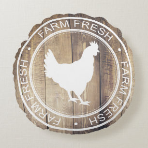 Rustic White Farm Fresh Hen Farmhouse Label Round Pillow