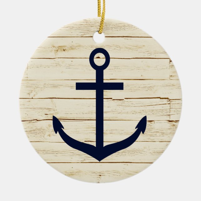 Rustic White Faux Wood with Anchor Ceramic Ornament (Front)