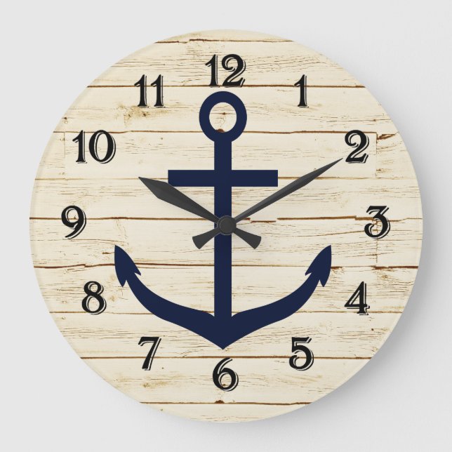 Rustic White Faux Wood with Anchor Large Clock (Front)