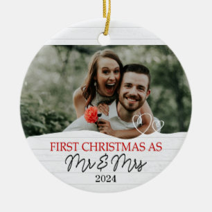 Rustic White First Christmas as Mr. & Mrs. Ceramic Ornament