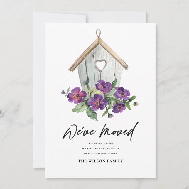 RUSTIC WHITE FLORAL BIRD HOUSE MOVING NEW ADDRESS ANNOUNCEMENT (Front)