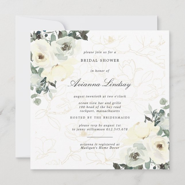 Rustic White Floral Botanical Bridal Shower Invitation (Front)