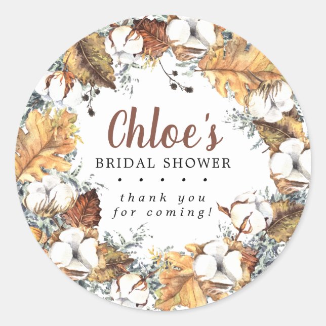 Rustic White Floral Fall Bridal Shower Thank You Classic Round Sticker (Front)