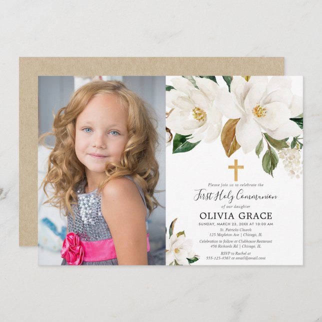 Rustic white floral magnolia first communion photo invitation (Front/Back)