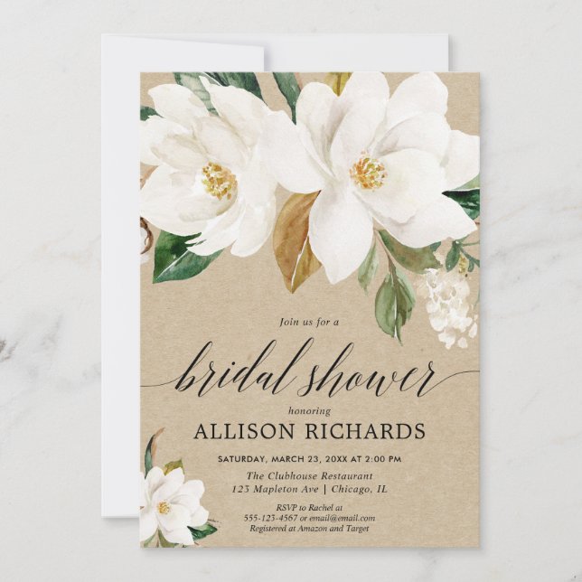 Rustic white floral magnolia flower bridal shower invitation (Front)