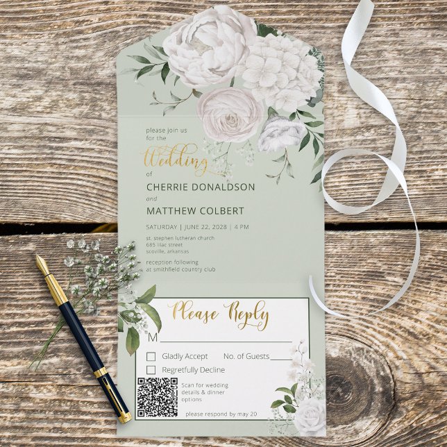 Rustic White Floral Peonies on Sage Green QR Code All In One Invitation (Creator Uploaded)