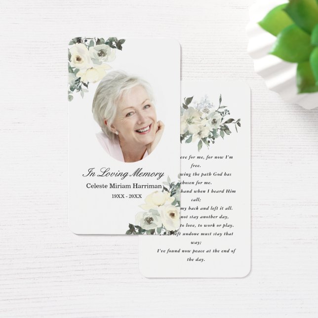 Rustic White Floral Photo Funeral Prayer Card (Desk)