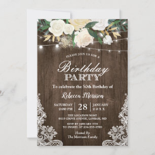 Rustic White Floral String Lights Birthday Party Invitation