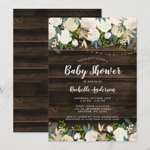 Rustic White Floral String Lights Girl Baby Shower Invitation
