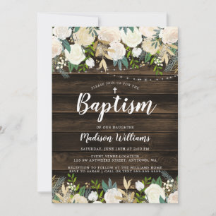 Rustic White Floral String Lights Girl Baptism Invitation