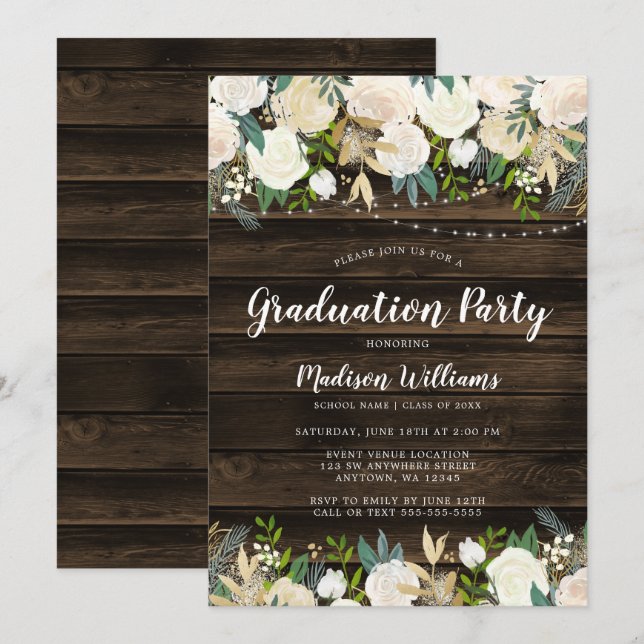 Rustic White Floral String Lights Graduation Party Invitation (Front/Back)