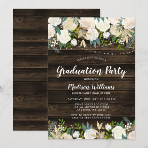 Rustic White Floral String Lights Graduation Party Invitation