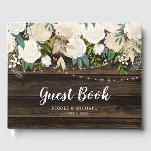 Rustic White Floral String Lights Wedding Guest Book