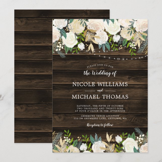 Rustic White Floral String Lights Wedding Invitation (Front/Back)