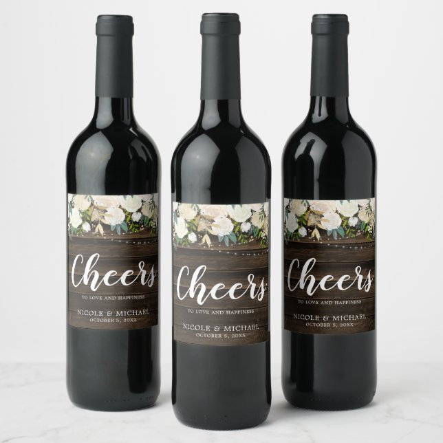 Rustic White Floral String Lights Wedding Wine Label (Bottles)