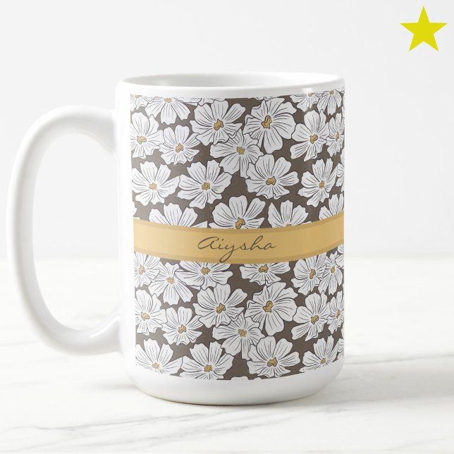 Rustic White Flower Sketch Yellow Gray Custom Name Coffee Mug (Creator Uploaded)