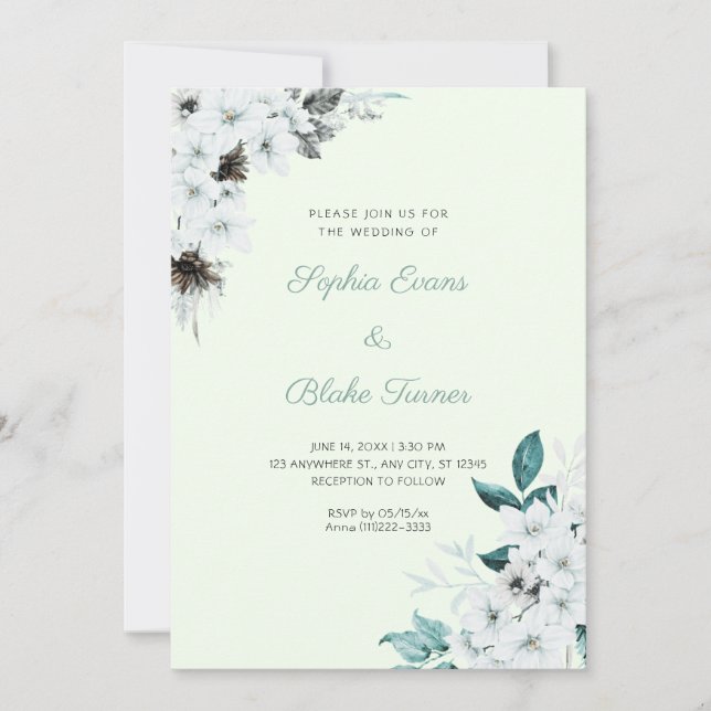 Rustic White Flowers Boho Light Green Wedding Invitation (Front)