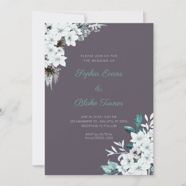 Rustic White Flowers Boho Smoke Grey Wedding Invitation (Front)