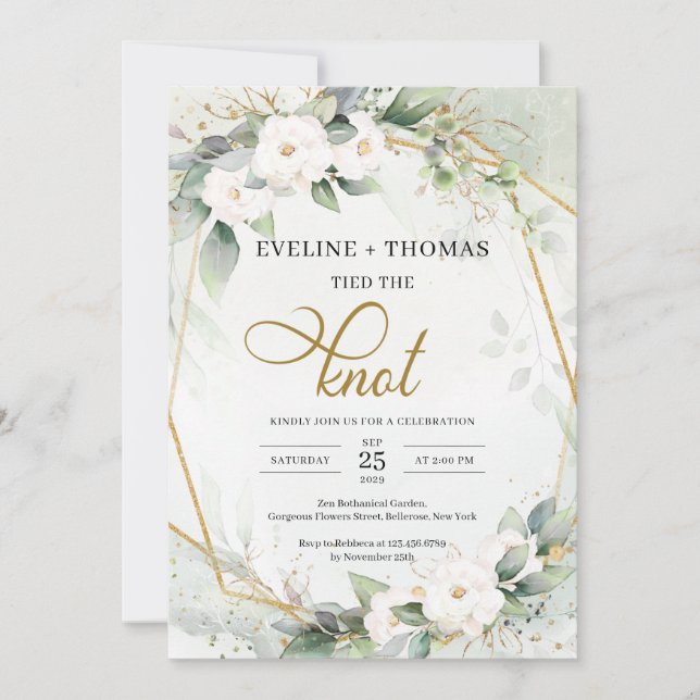 Rustic White flowers greenery gold oval the knot Invitation (Front)