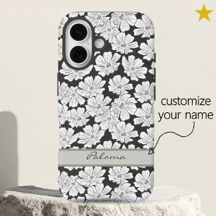 Rustic White Flowers Sketch Black Gray Custom Name iPhone 16 Case