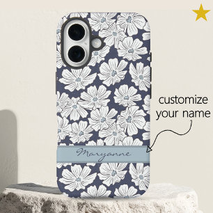Rustic White Flowers Sketch Blue Shade Custom Name iPhone 16 Case