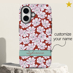Rustic White Flowers Sketch Red Teal Custom Name iPhone 16 Case