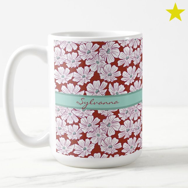 Rustic White Flowers Sketch Red Teal Custom Name Coffee Mug (Creator Uploaded)