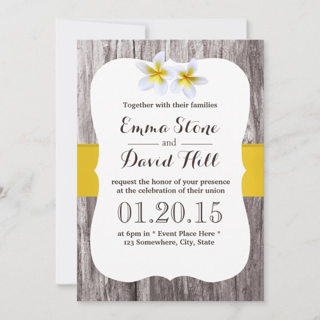 Rustic White Frangipani Flower Beach Wedding Invitation (Front)