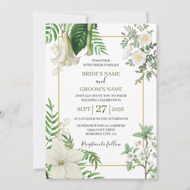 Rustic White Green Watercolor Floral Gold Wedding  Invitation (Front)