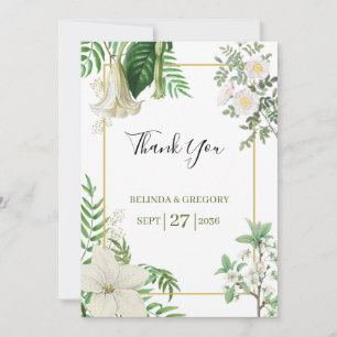 Rustic White Green Watercolor Floral Gold Wedding Thank You Card