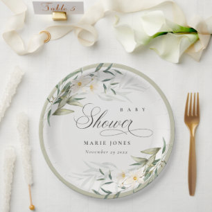 Rustic White Greenery Floral Bunch Baby Shower Paper Plate