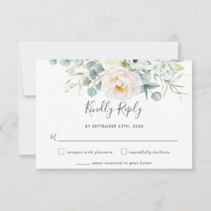 Rustic White Ivory Peony Floral Greenery Wedding  RSVP Card
