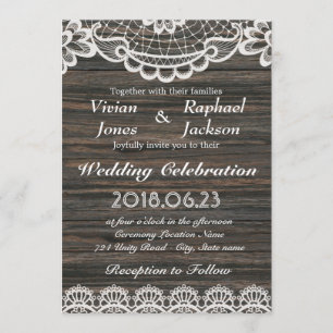 Rustic White Lace and Wood Wedding Invitation