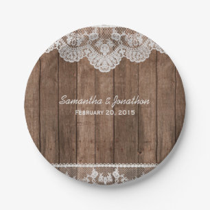Rustic White Lace and Wood Wedding Paper Plate