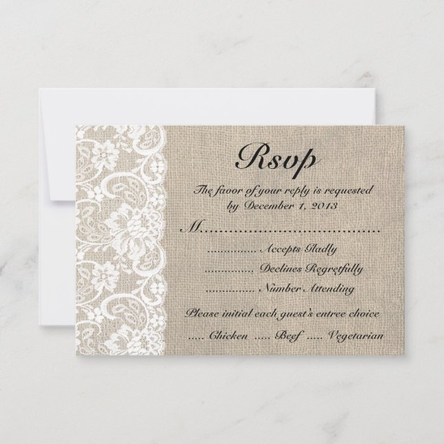 Rustic White Lace Burlap Look RSVP Card with Meals (Front)