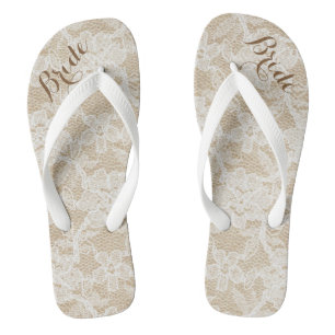 Rustic White Lace on Brown Background, Bride Flip Flops