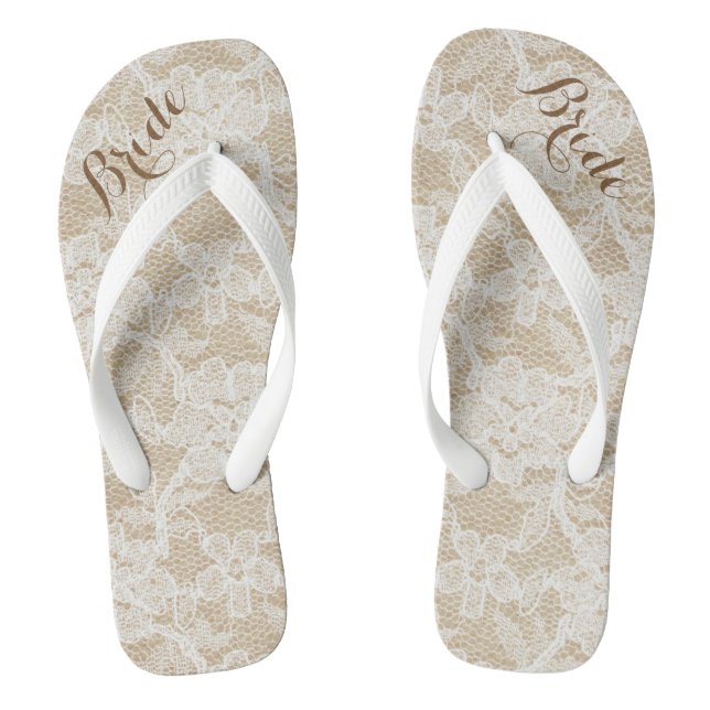 Rustic White Lace on Brown Background, Bride Flip Flops (Footbed)