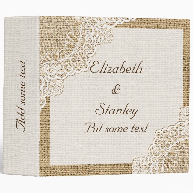 Rustic white lace on burlap wedding planner binder (Front/Spine)